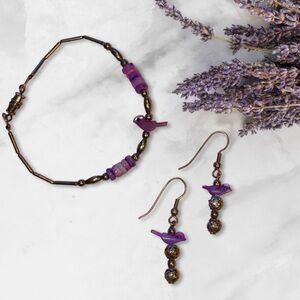 Indigenous beaded jewelry - purple bird bracelet and earring set